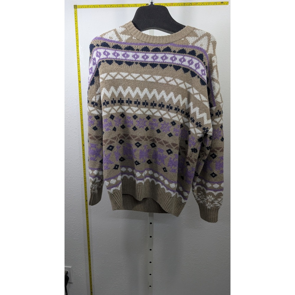 BP Nordstrom Fair Isle‎ Crewneck Sweater Tan Purple Geometric Knit XS
